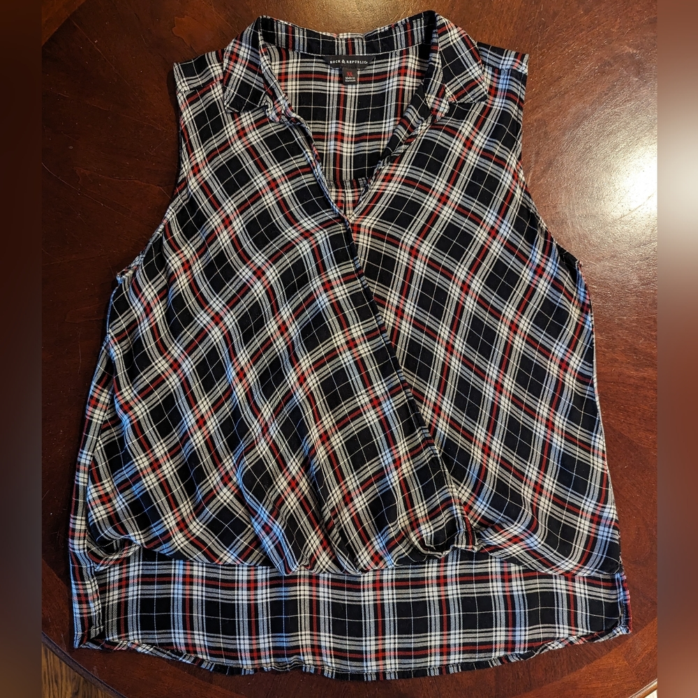 Rock & Republic Sleeveless Blouse, Plaid (Black, Red, White), Size XL